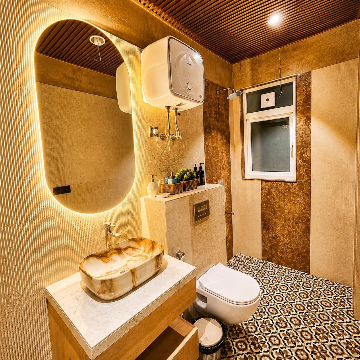 Bathroom with a marble-top vanity, backlit oval mirror, and patterned tile floor