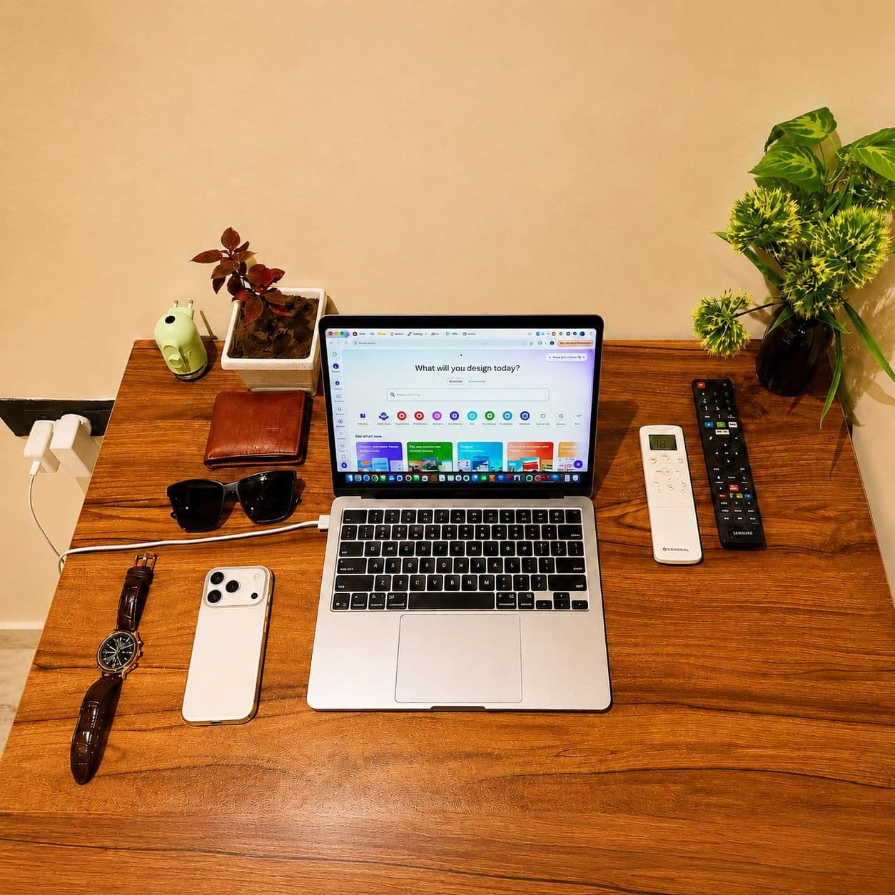 Work-ready desk corner with a laptop, remotes, and everyday essentials laid out